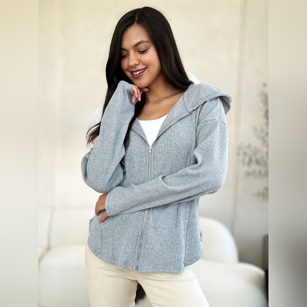 Culture Code Full Size Ribbed Zip-Up Drawstring Hooded Jacket